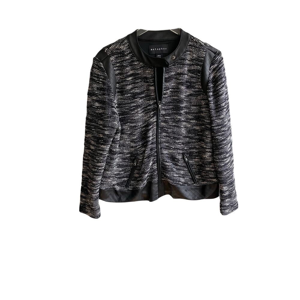 Metaphor Tweed Moto Jacket Size XL Black White Faux Leather Knit Coat Pockets